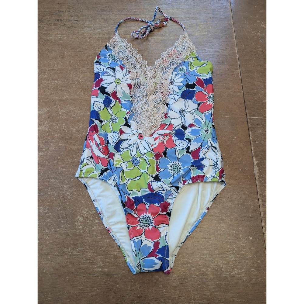 Allihop Floral Lace Trim One Piece Swimsuit Halter crochet small Anthropologie